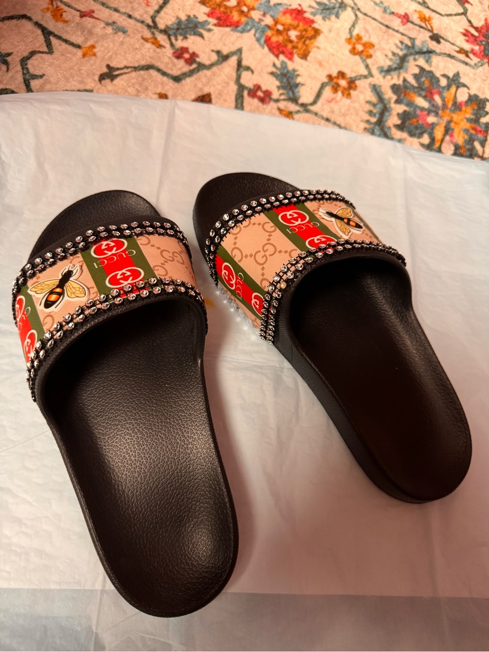 Designer-Inspired Black Slides with Bee & Monogram Strap
